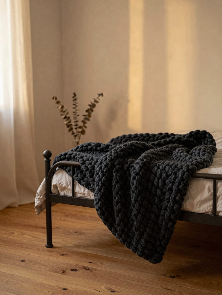 A black cast iron bed frame with a thick green knit throw blanket layered on top.