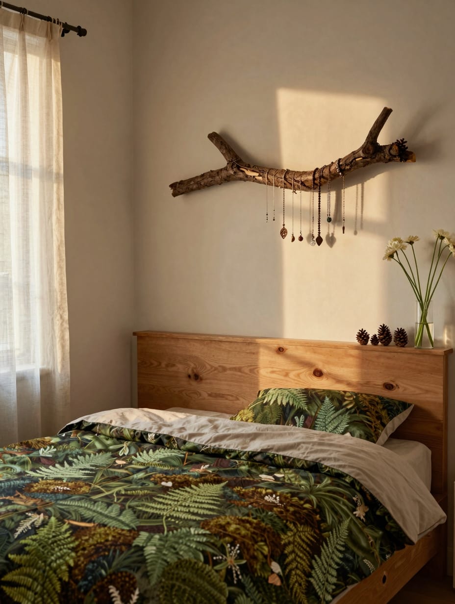 Pinecones and a large tree branch used as decor in a forest-inspired earthy bedroom.