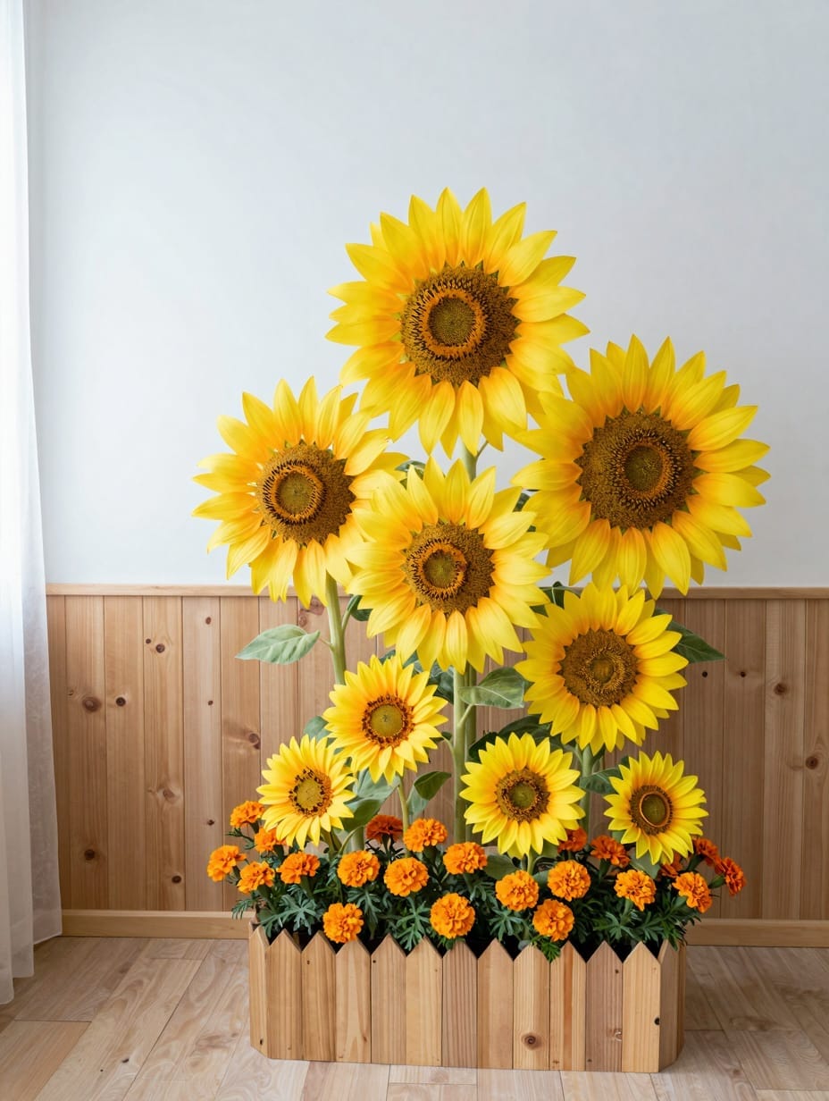 Tall yellow sunflowers blooming in a dense cluster in a sunny front yard corner bed.
