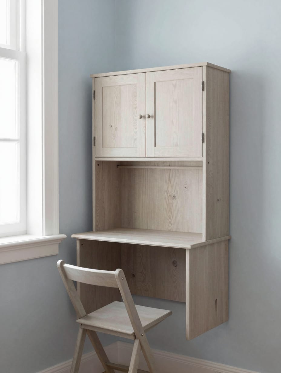 Compact fold-away corner home office desk, neatly integrated into a wall unit, shown both open and closed.
