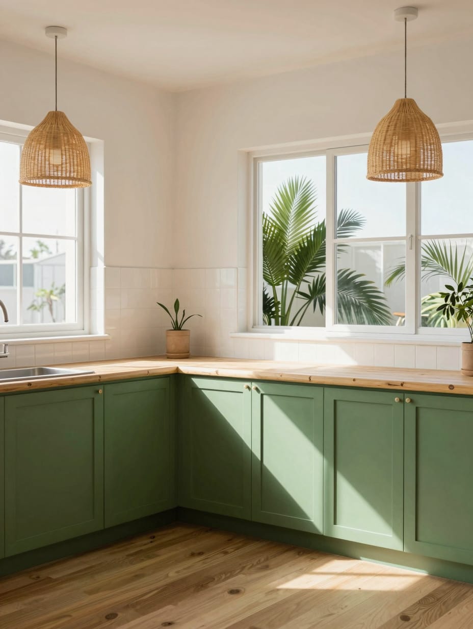 A vibrant kitchen with palm green walls and bamboo cabinets, featuring rattan light fixtures.
