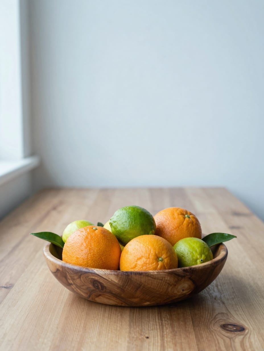 A clear glass bowl overflowing with lemons and limes on a kitchen island.