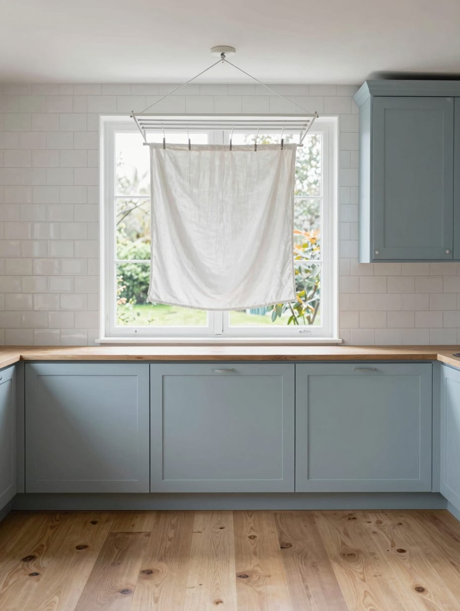 Soft sky blue walls in a laundry room with white floating shelves.