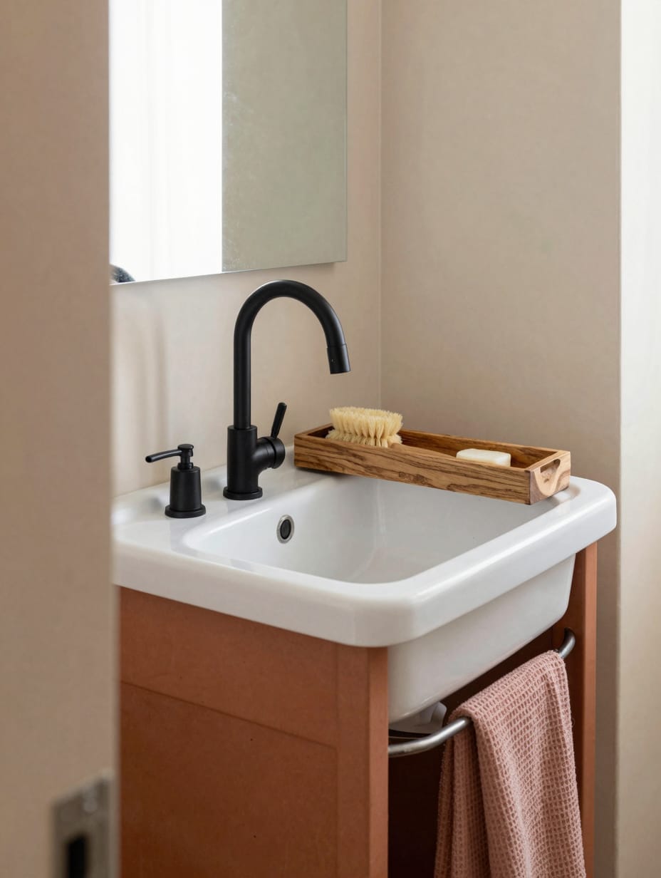 A stylish laundry room remodel featuring an elevated utility sink with a modern faucet and custom cabinetry.