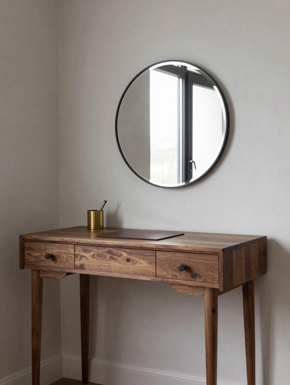 A wooden vanity desk with slim tapered legs and a round mirror.