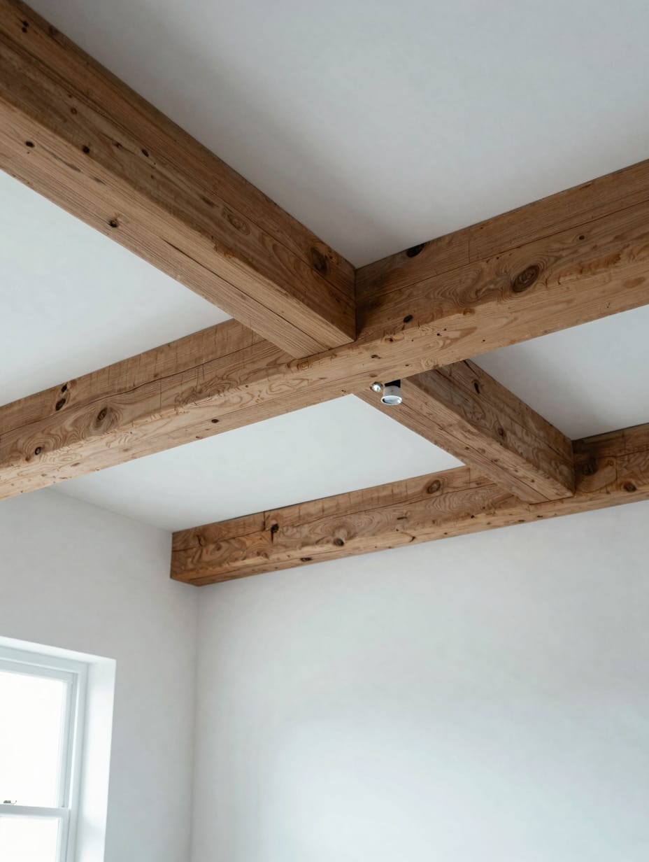 Kitchen featuring exposed natural wooden beams and a wooden-clad range hood.