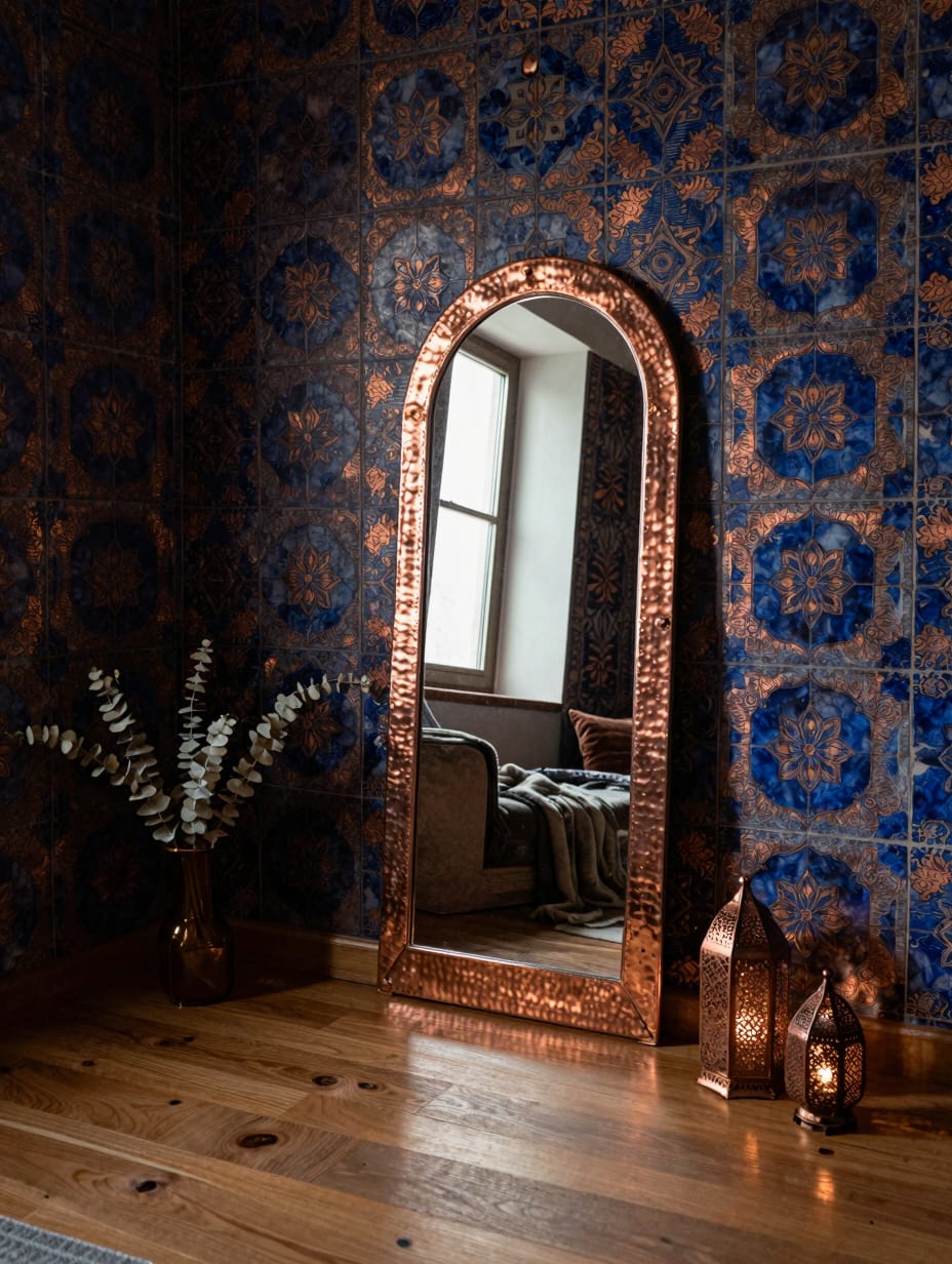 A dramatic Moroccan-inspired bedroom featuring intricate mosaic patterns on walls, textiles, and decorative elements.