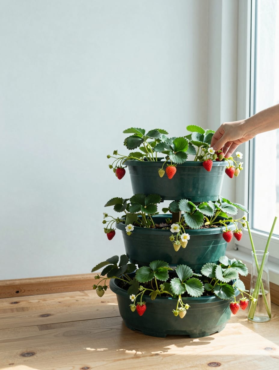Strawberry plants growing in a tiered porch planter, with small red fruits visible.