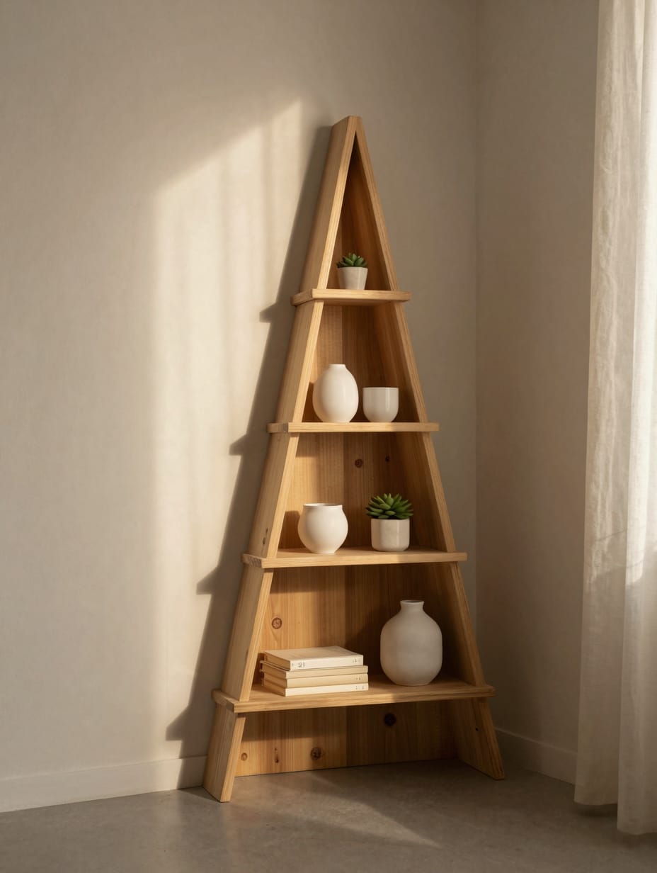 White floating corner shelves with small plants and candles.
