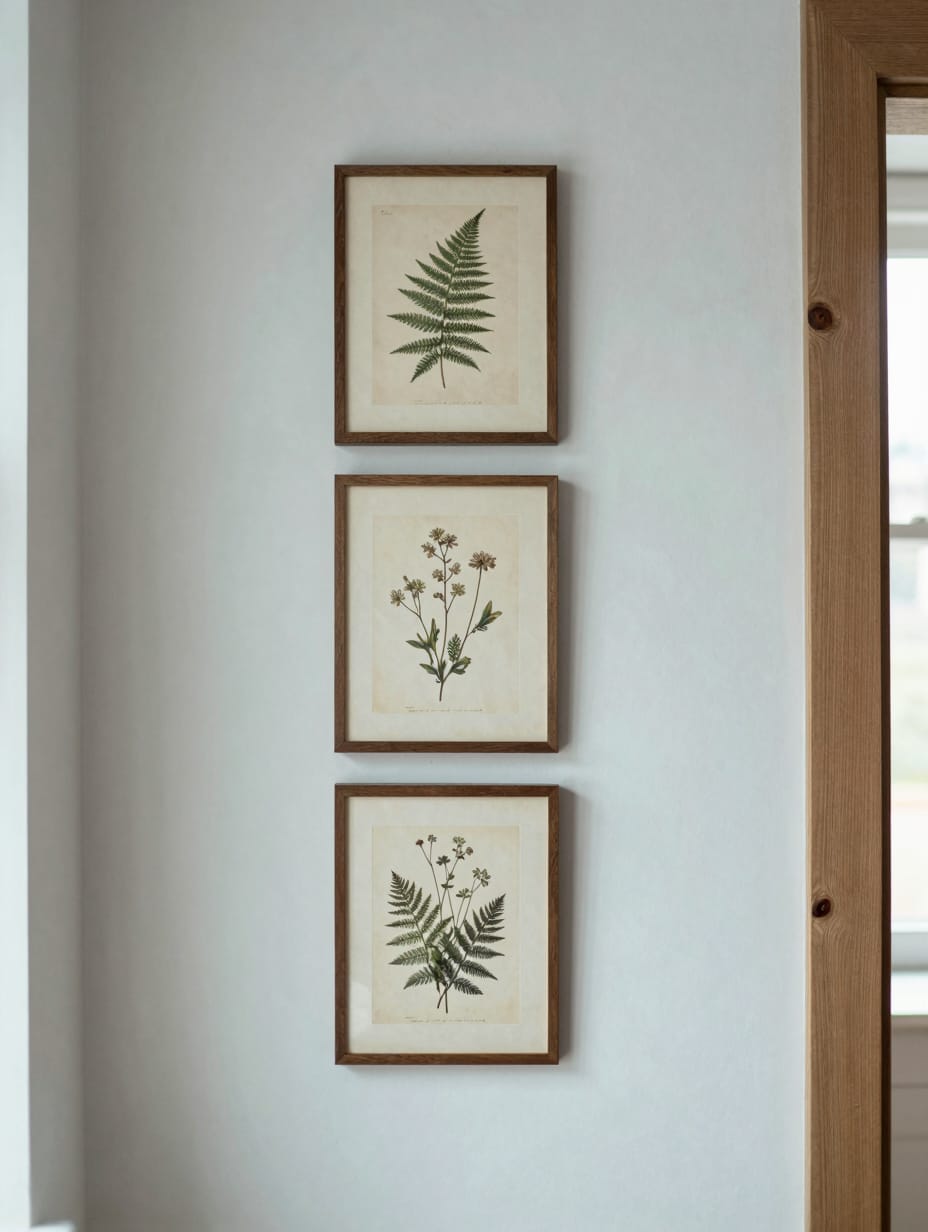 Three framed vintage botanical prints of ferns hanging on a bathroom wall in a vertical line.
