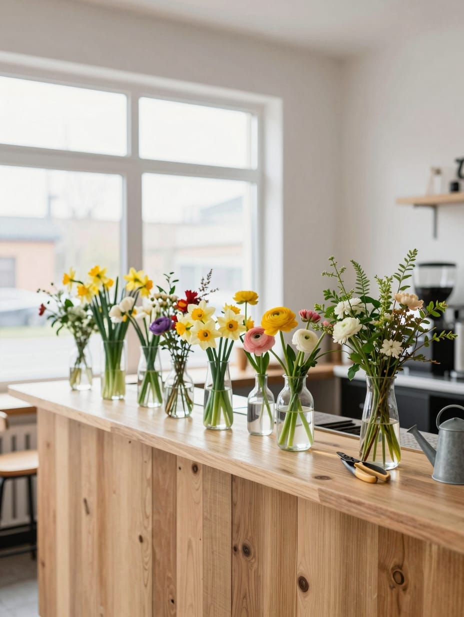 A 'bloom bar' style spring coffee bar with a small cutting board, various tiny vases holding fresh flowers, and some flora...