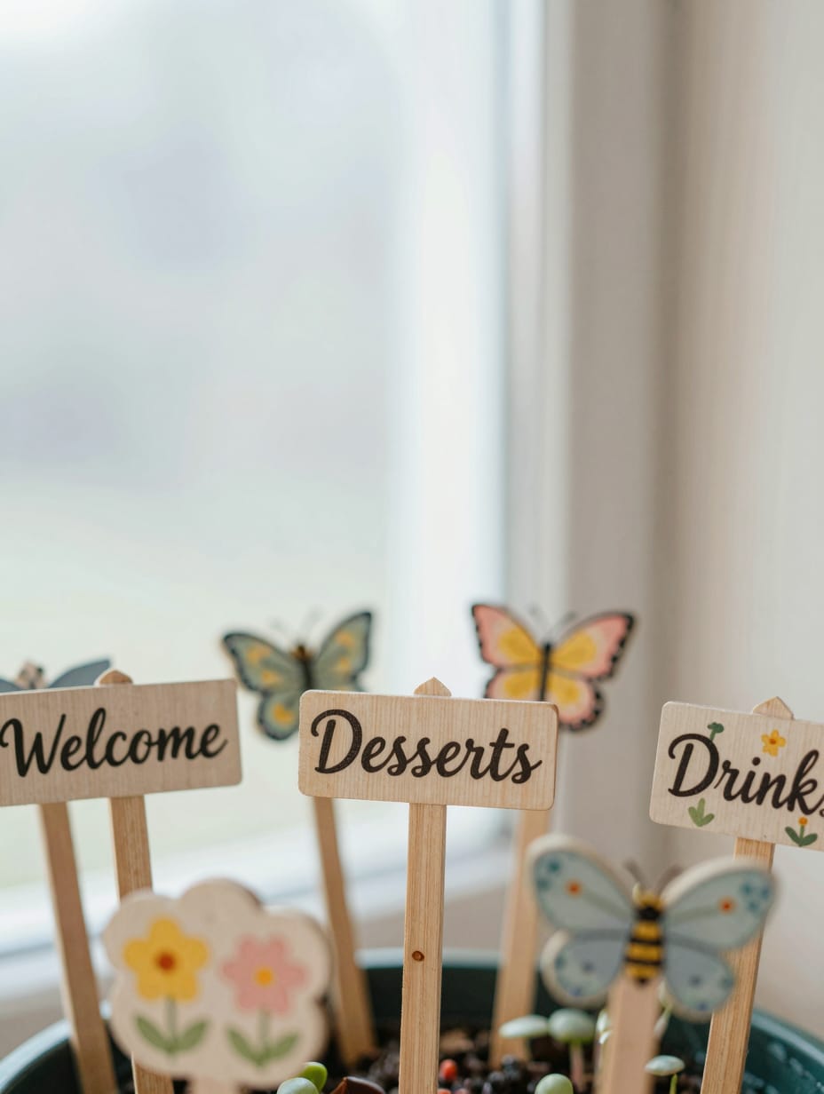 Close-up of hand-painted wooden garden markers labeling various plants in a garden bed.