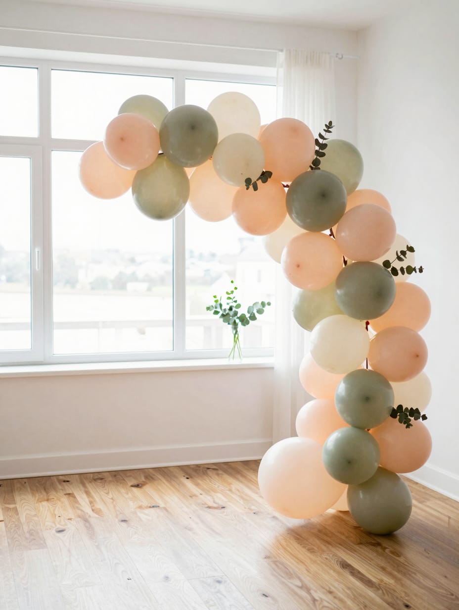 Large asymmetrical cluster of matte pastel balloons in peach and cream colors.