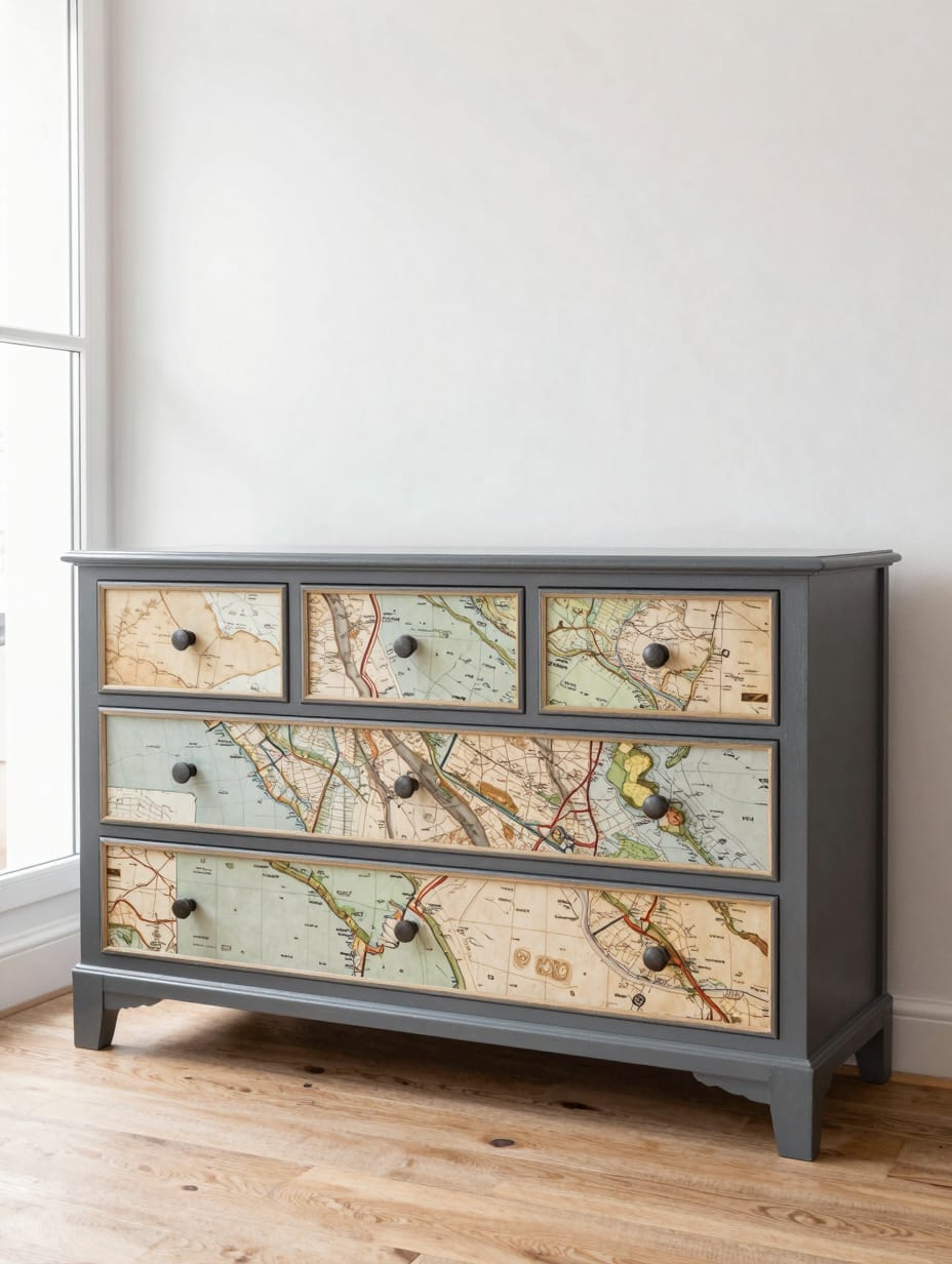 A wooden dresser with drawer fronts covered or painted with vintage world map sections.