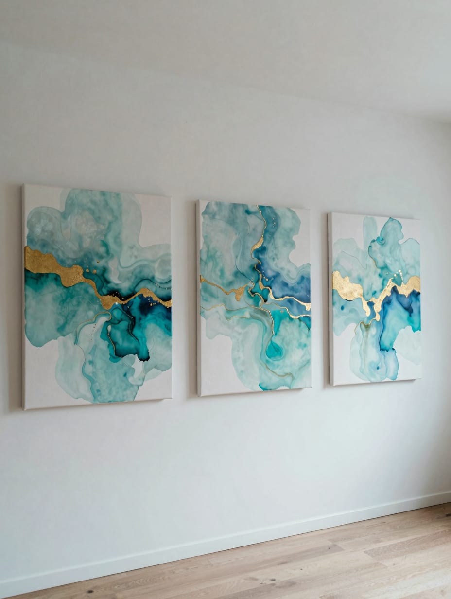 A triptych of three abstract watercolor paintings in light wood frames on a bathroom wall.