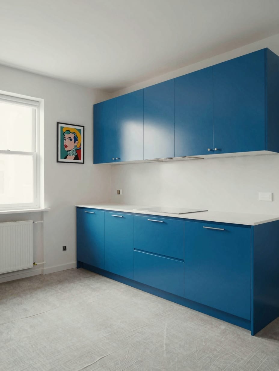 Ultra-modern kitchen featuring vibrant electric blue cabinets with glossy finish.