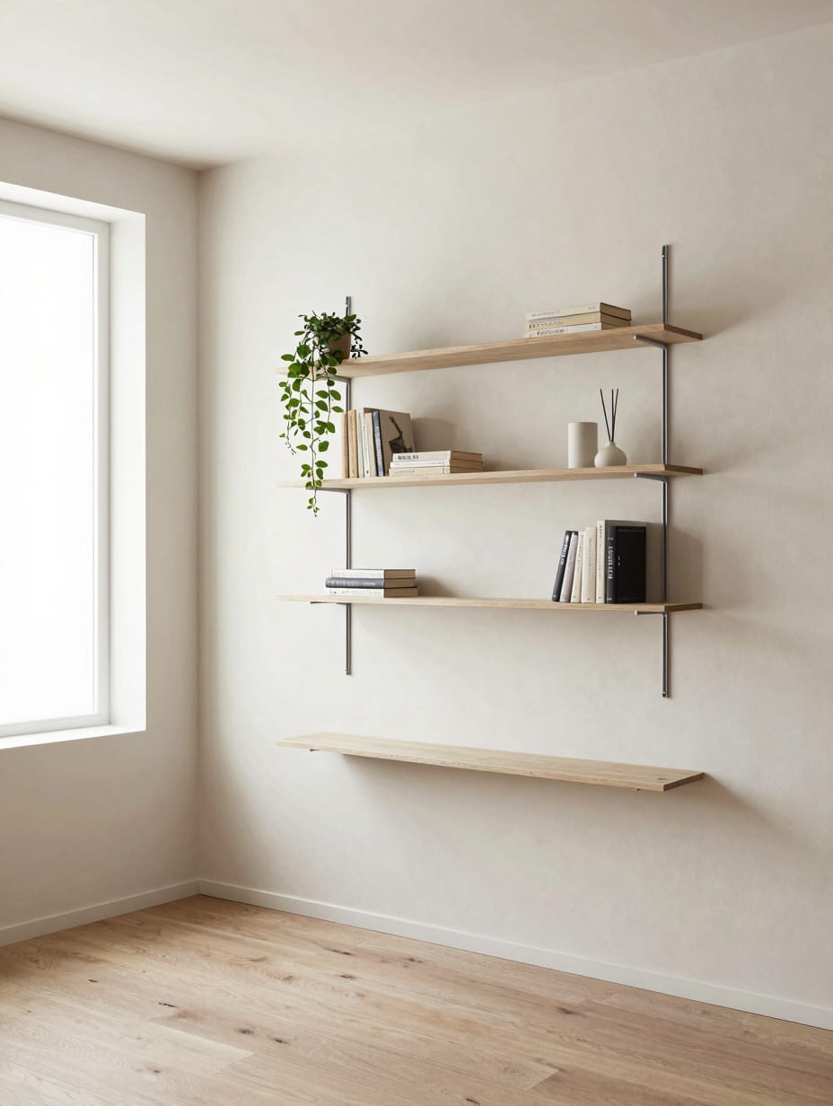White floating shelves mounted vertically on a wall holding books and small plants.