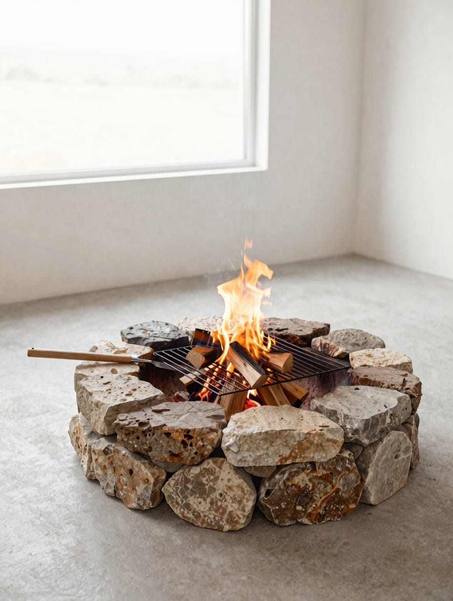 A circular stone fire pit with a metal cooking grate on top in a grassy yard.