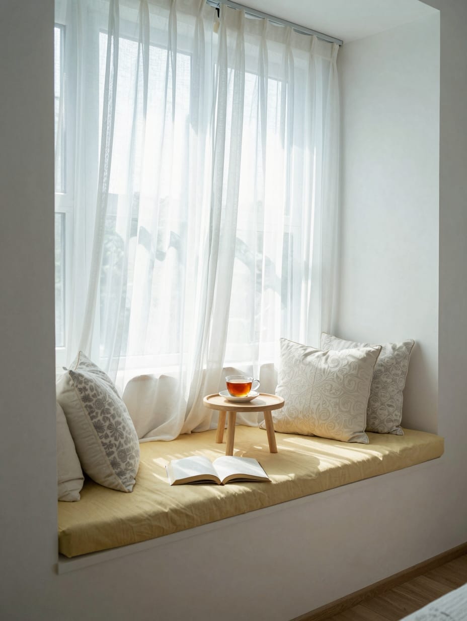 A cozy window nook bathed in natural light, decorated with butter yellow cushions and a throw.