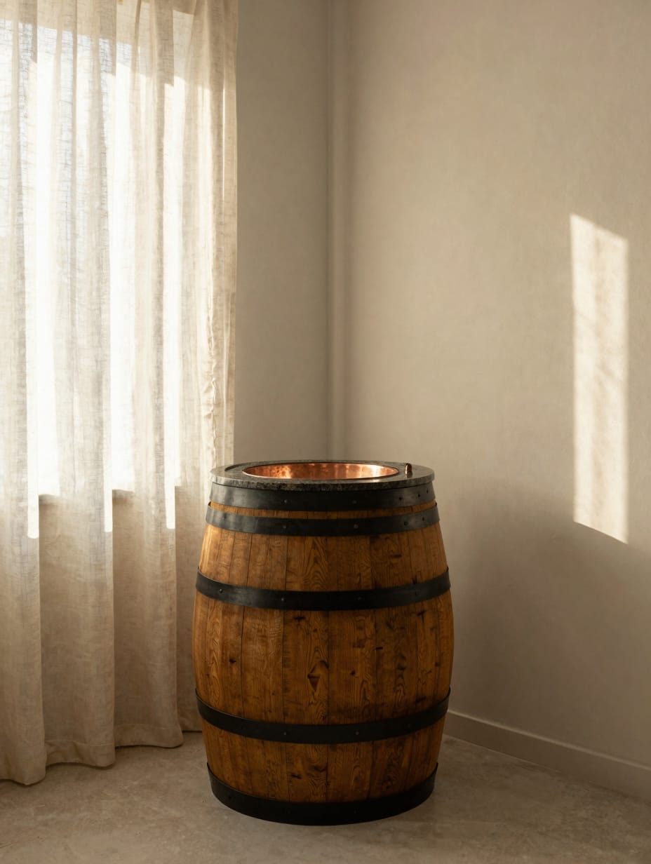 A bathroom vanity made from a vintage wooden whiskey barrel with a round copper sink on top.