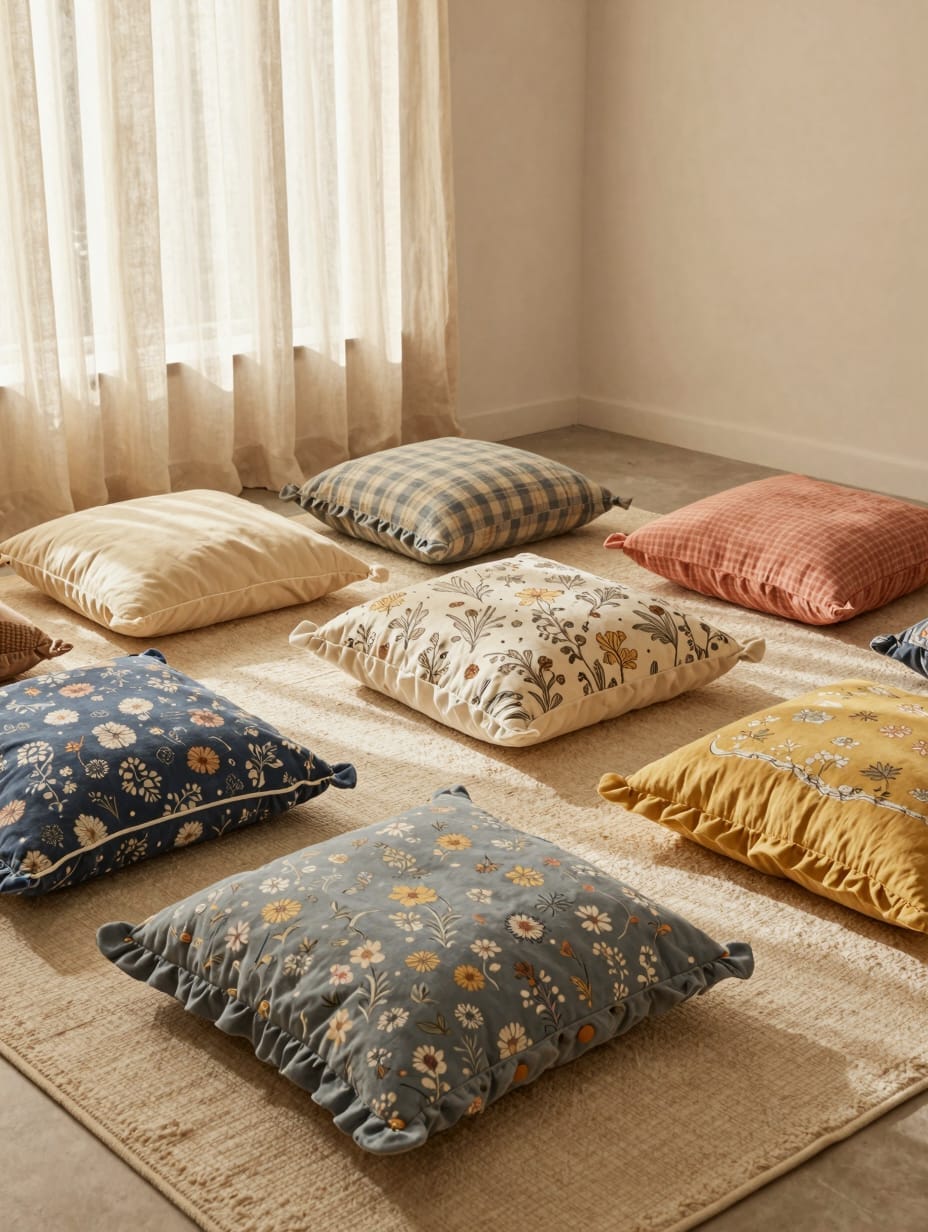 Living room with whimsical patchwork floor cushions made from floral and gingham fabrics.