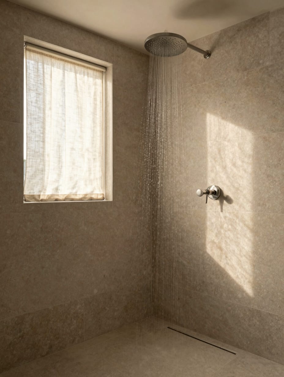 Modern chrome rain showerhead mounted in a clean, tiled shower stall.
