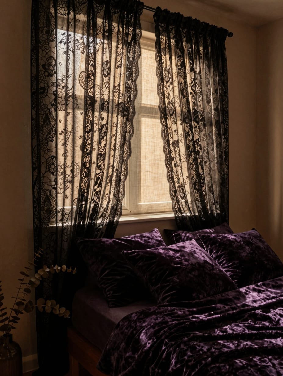 Black lace curtains hanging over a window next to a bed with plum velvet pillows.