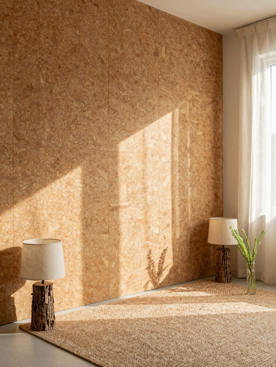 Cork wall tiles and birch bark decor in a textured earthy bedroom.