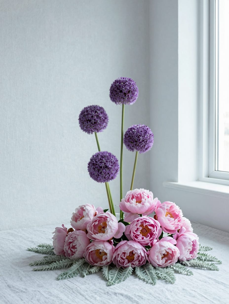 Round purple allium flowers blooming above soft pink peonies in a whimsical garden bed.