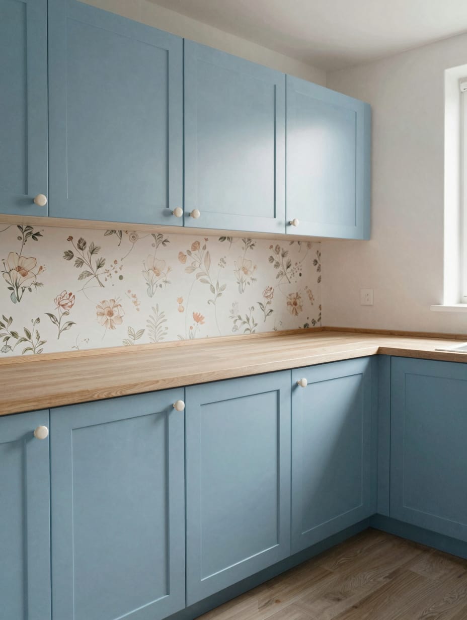 Kitchen with unique playful periwinkle blue cabinets and light wood accents