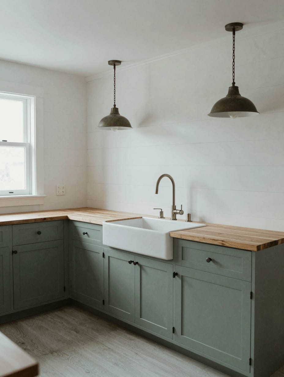 A country kitchen with sage green lower cabinets and white shiplap walls, accented by a wooden cutting board.