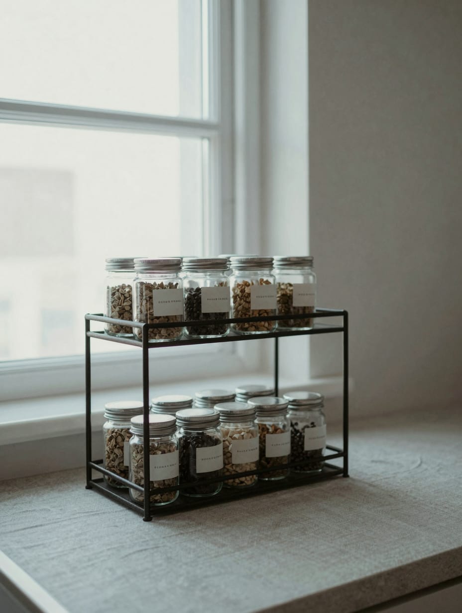 A two-tier black metal stand holding spice jars and oil bottles on an island.
