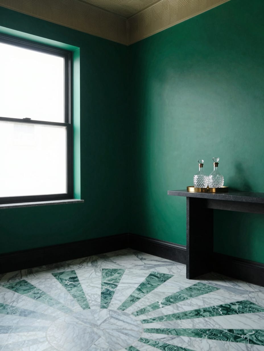 Geometric black and gold Art Deco floor tiles in a laundry room.