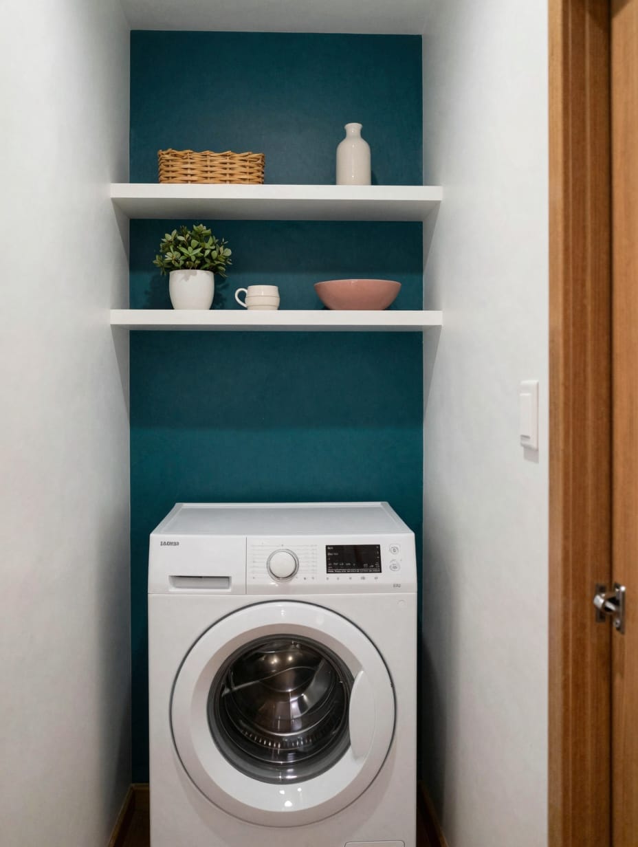 A modern laundry room remodel featuring a dark blue accent wall with floating shelves and a washer and dryer.