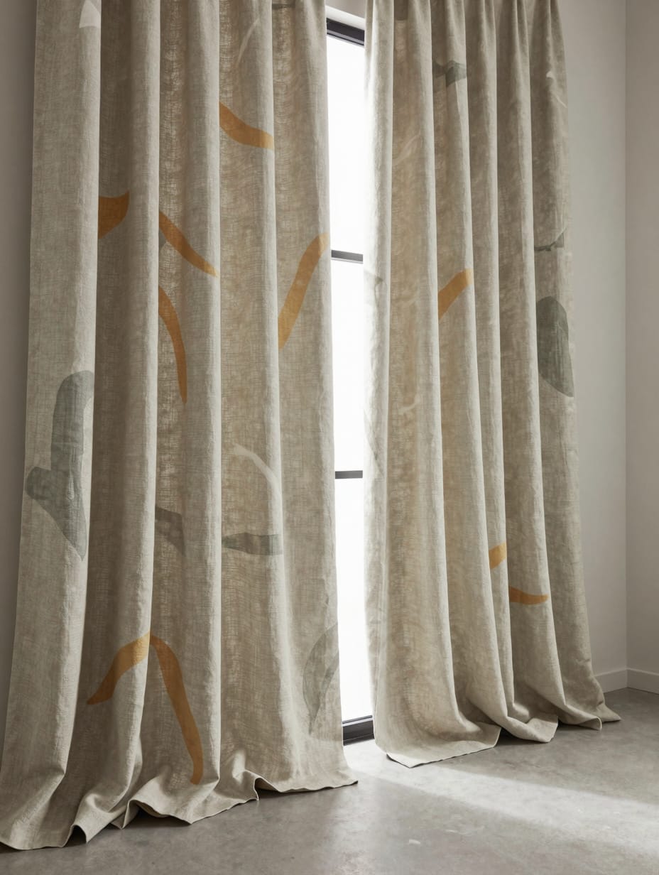 Linen curtains with abstract geometric patterns in earth tones.