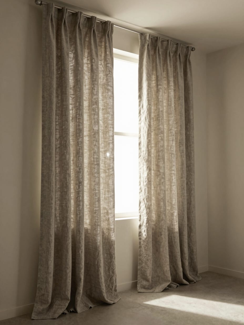 Long floor-to-ceiling curtains hanging from a high rod near the ceiling.