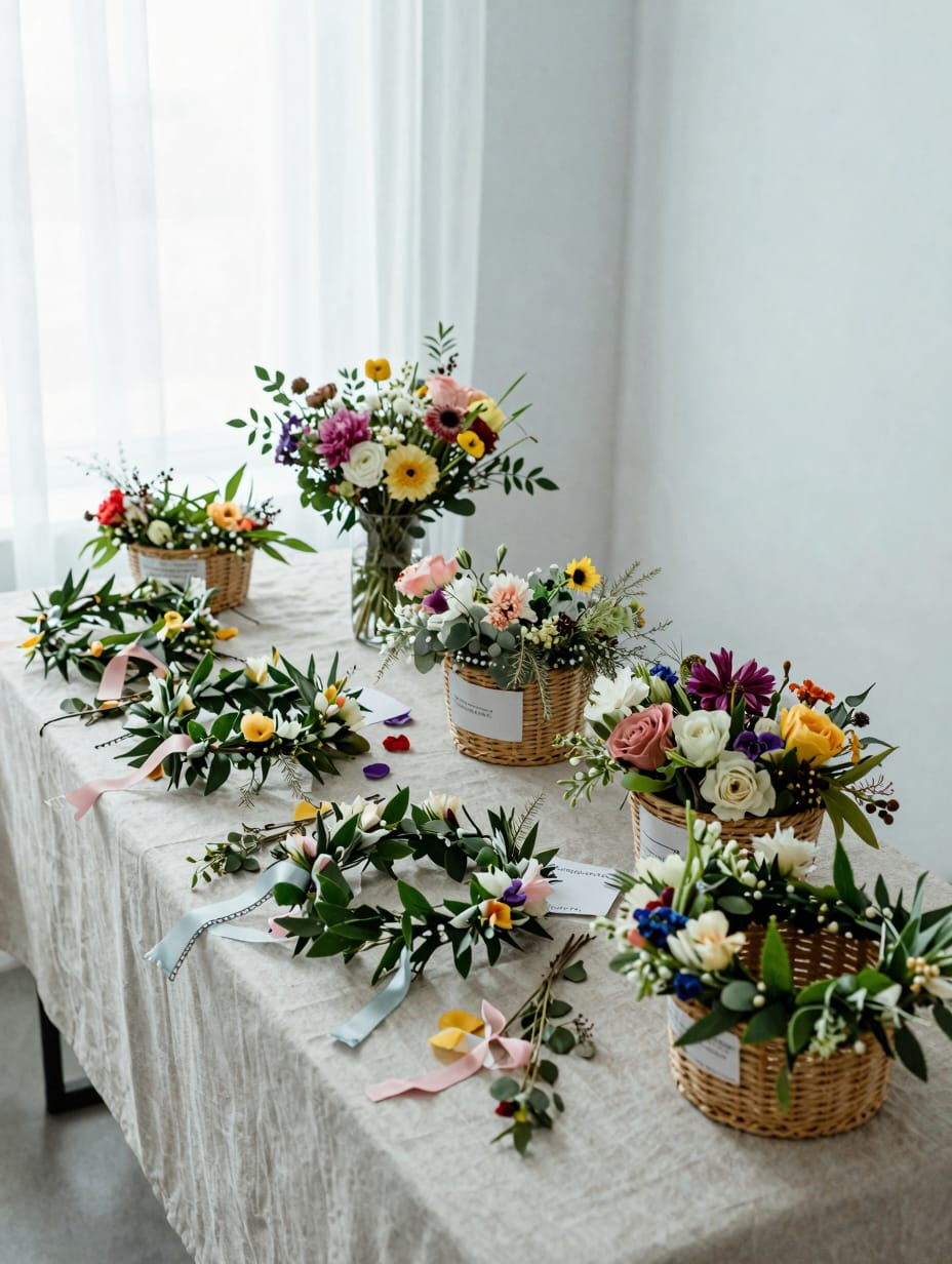 An outdoor table set up as an interactive flower crown station with various fresh flowers, ribbons, and tools.