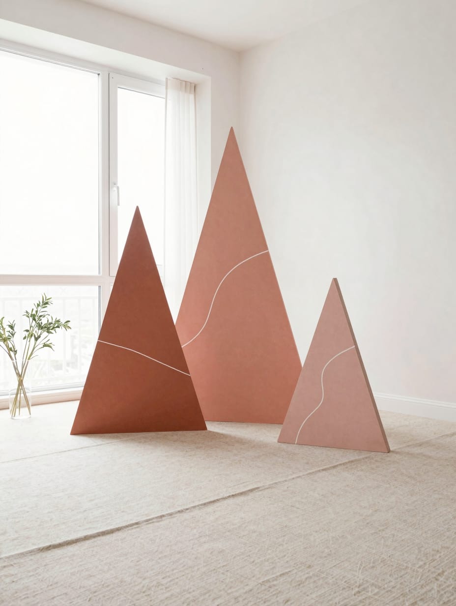 Large triangular plywood boards of different heights standing together as an arch.