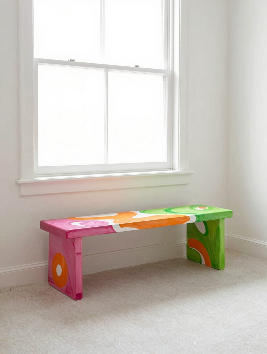 A simple wooden bench painted with energetic, colorful abstract swirling patterns.