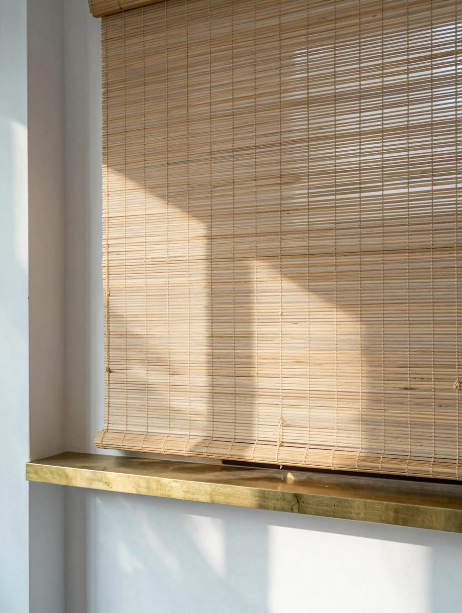 Woven bamboo blinds covering a bathroom window with sunlight filtering through.