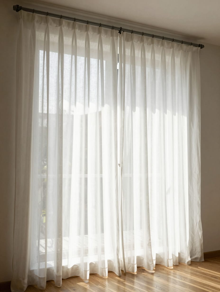 Long white linen curtains hanging from a high rod in a bright living room.