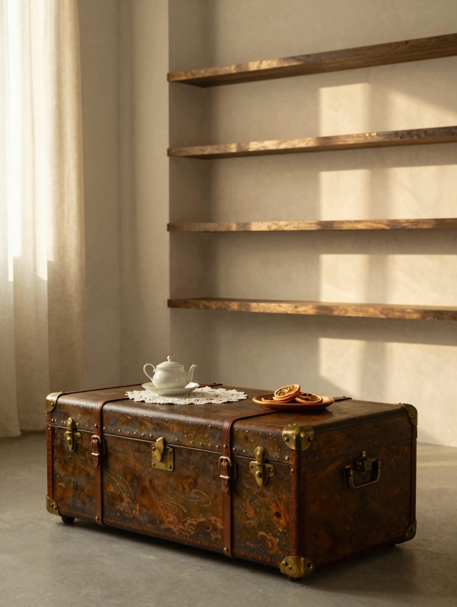 Living room featuring an antique wooden trunk with brass hardware as a coffee table.