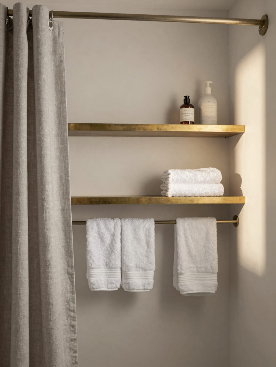 Bathroom decorated with a unified color palette of soft blues and natural wood tones.