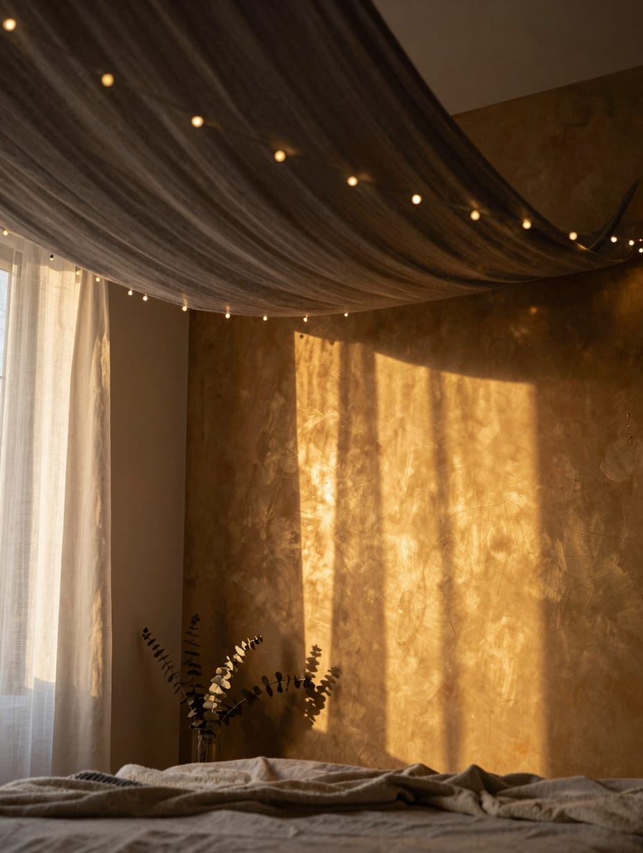 A black sheer bed canopy draped with warm white fairy lights in a dark bedroom.