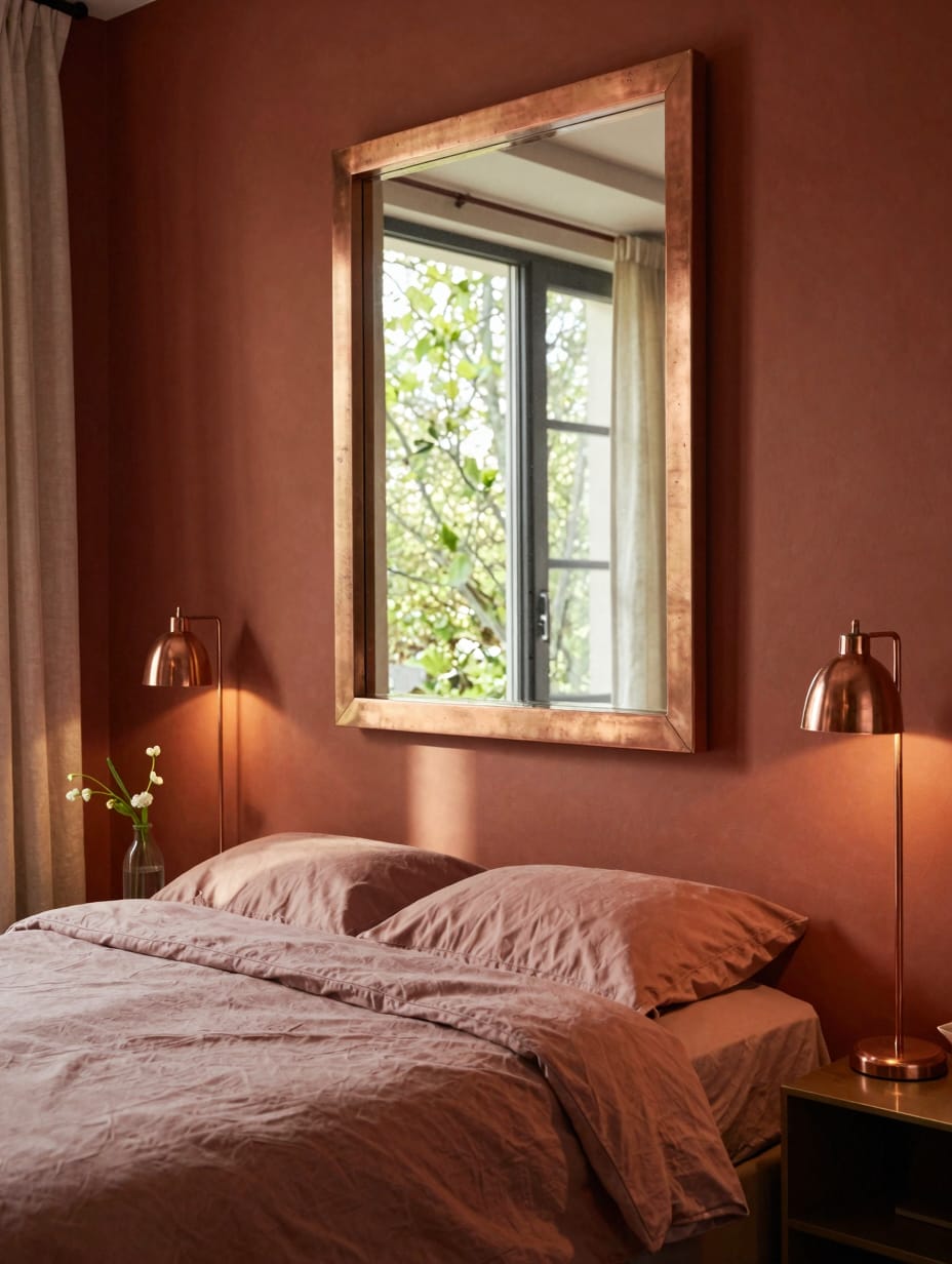 Copper bedside lamp and clay pots in a warm, sunset-toned earthy bedroom.