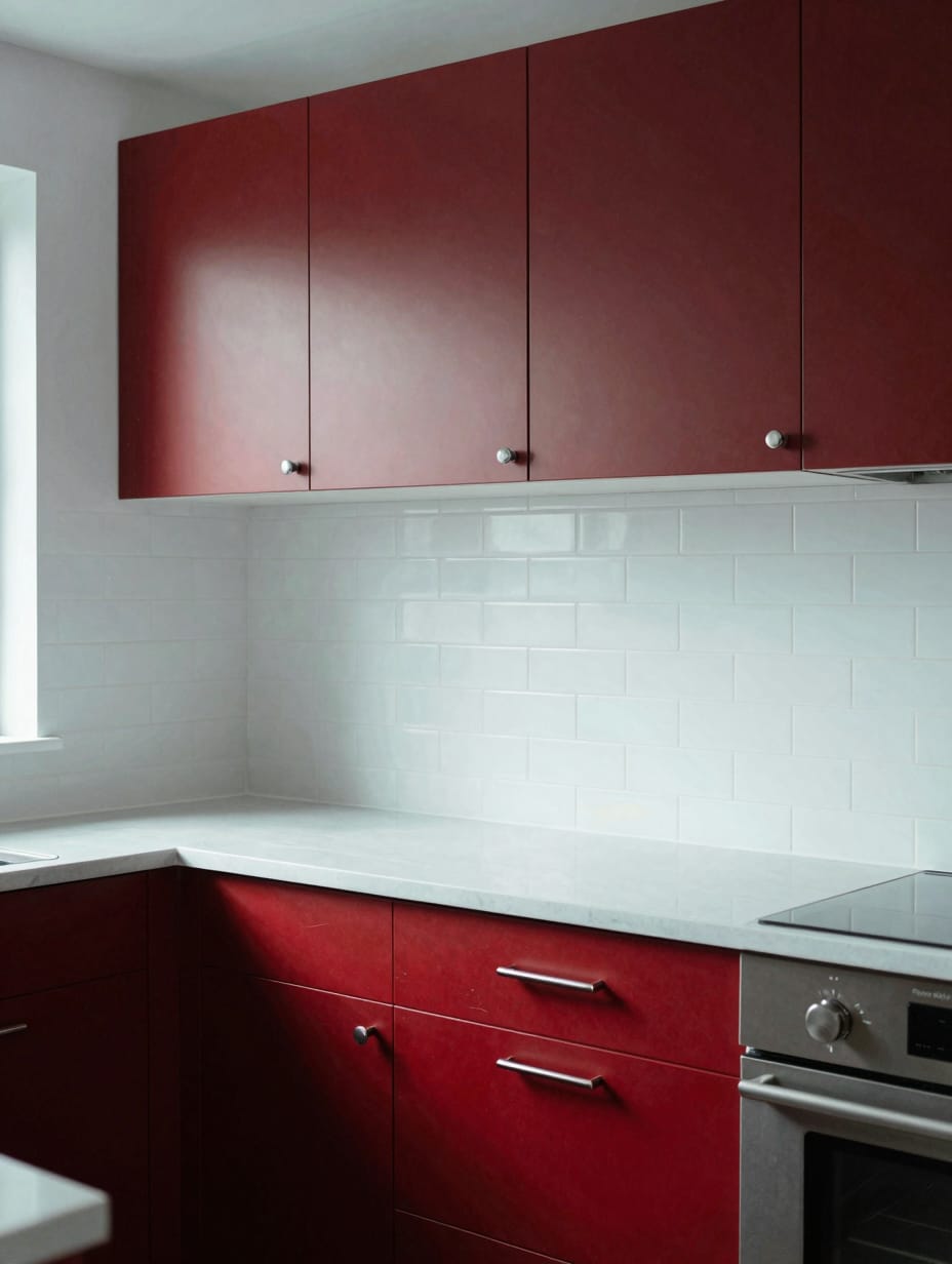 Modern kitchen with vibrant red glossy cabinets and stainless steel appliances