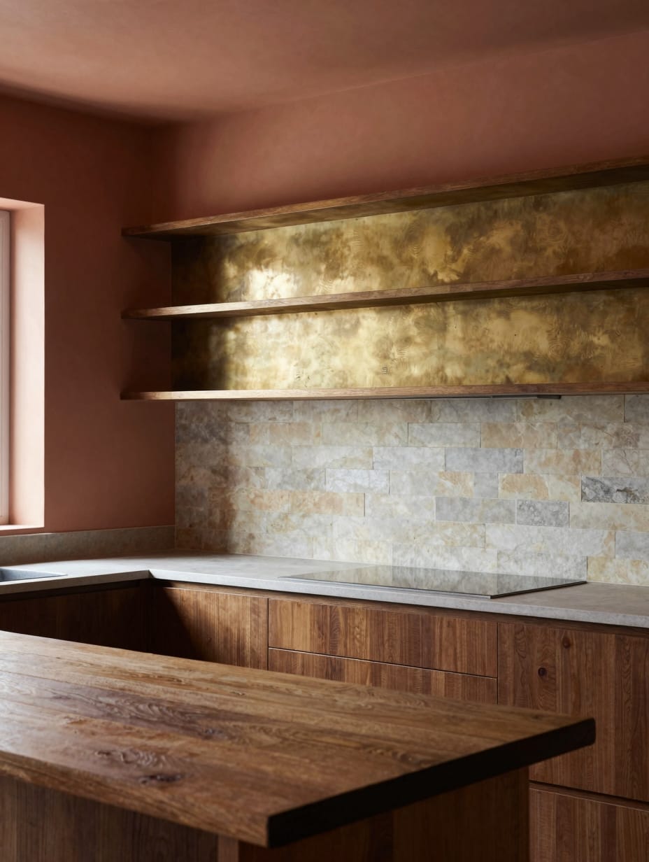 A rustic kitchen with warm terracotta floor tiles and natural stone accent walls, featuring ceramic pitchers.