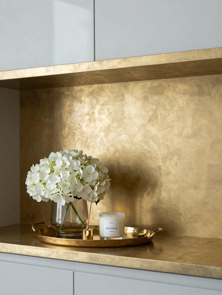 A gold tray with a glass vase of white hydrangeas on a marble kitchen island.