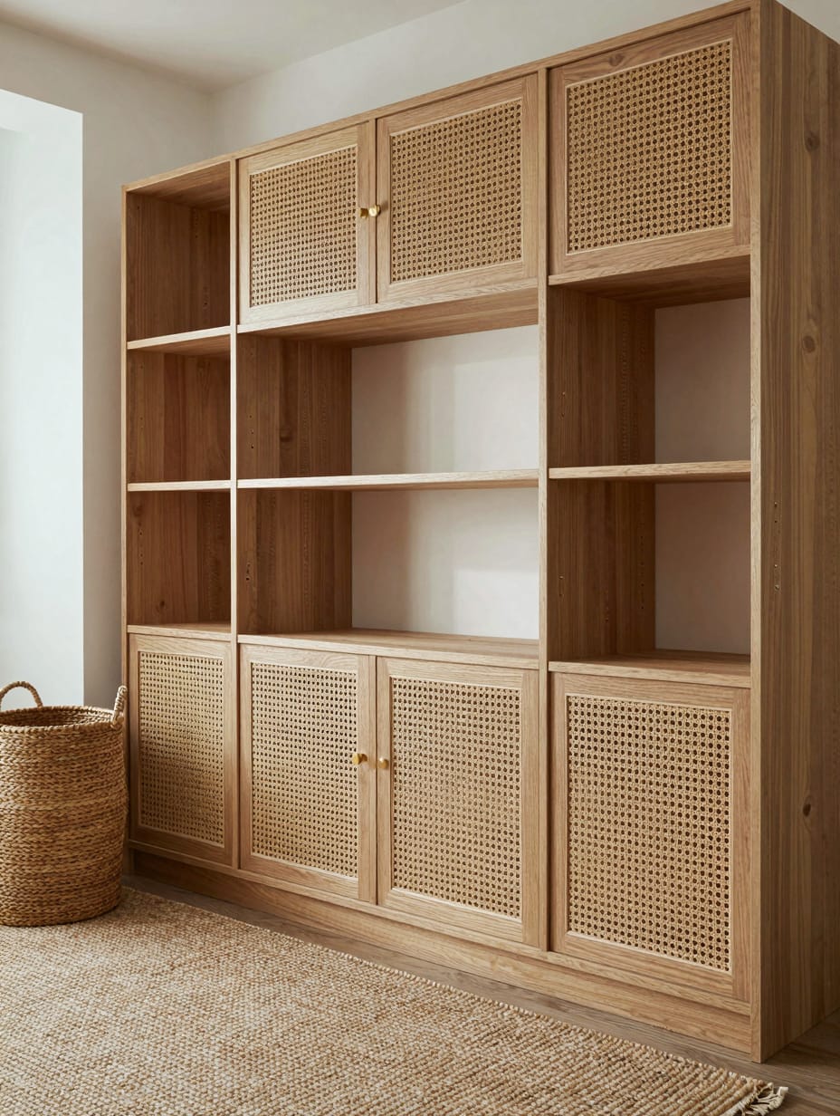 Set of three woven rattan laundry hampers against a white wall.