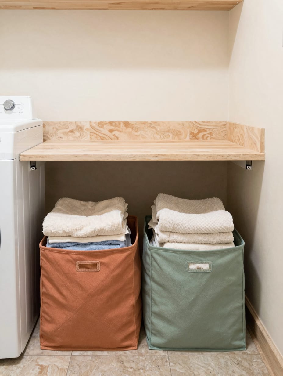 Neatly organized smart storage bins under a counter in a modern laundry room remodel.